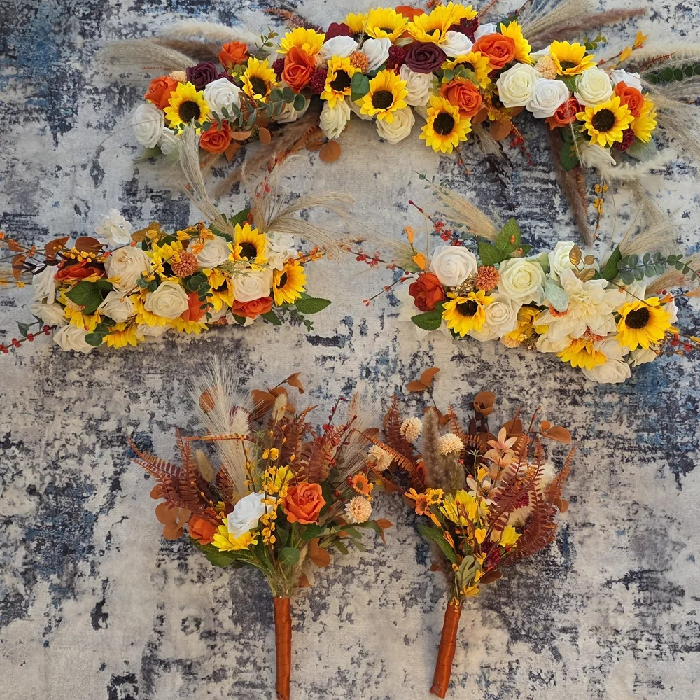 Autumn Sunflower & Rose Faux Floral Arrangement - Yellow, Orange, White